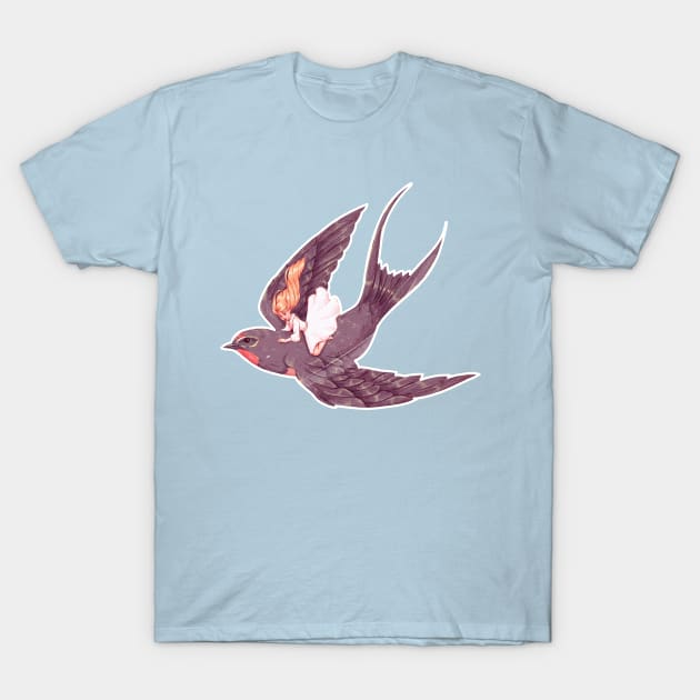 Swallow and Thumbelina flying in the skies T-Shirt by Mard_Illus